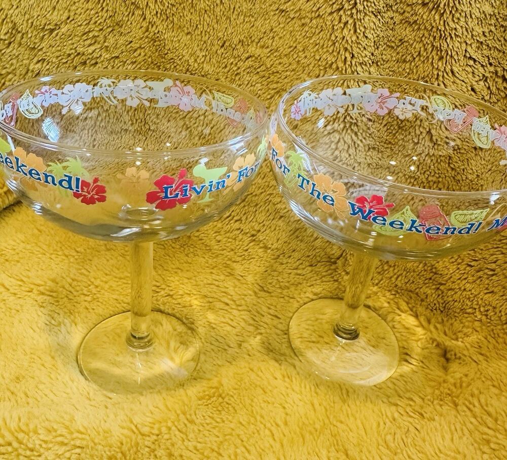 2 Margaritaville Livin for the Weekend Stemmed cocktail Glasses Floral Margarita